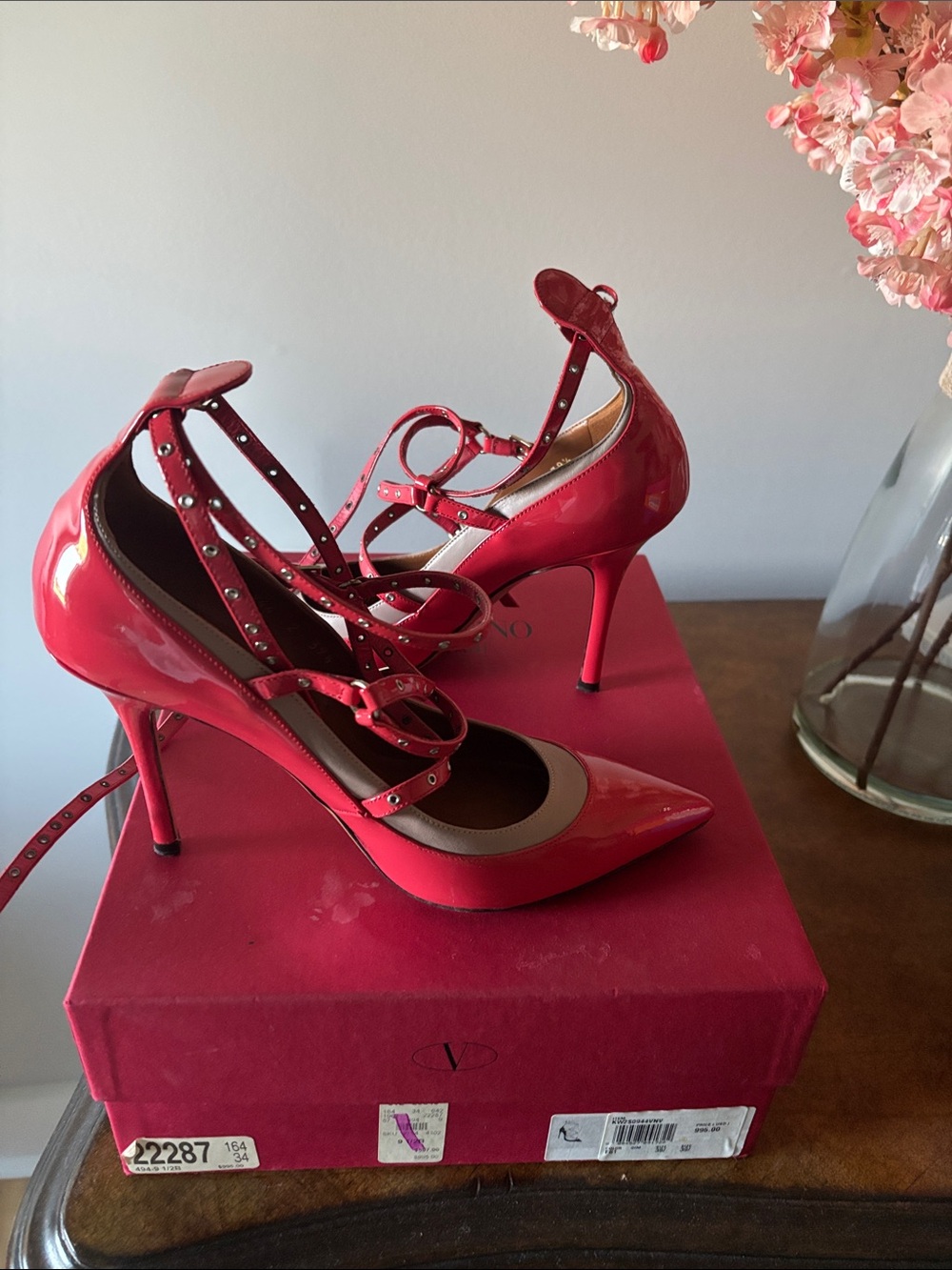 Valentino Garavani Red Patent Rockstud Ankle-Strap Pumps